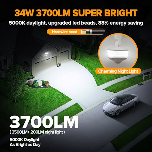 Image of LUTEC 34W 3700 Lumen LED Security Light Motion Sensor Outdoor Lights with Night Light, 5000K Daylight, IP65 Waterproof, Dusk to Dawn, Hardwired Motion Detector Flood Light for Garage, Yard-White