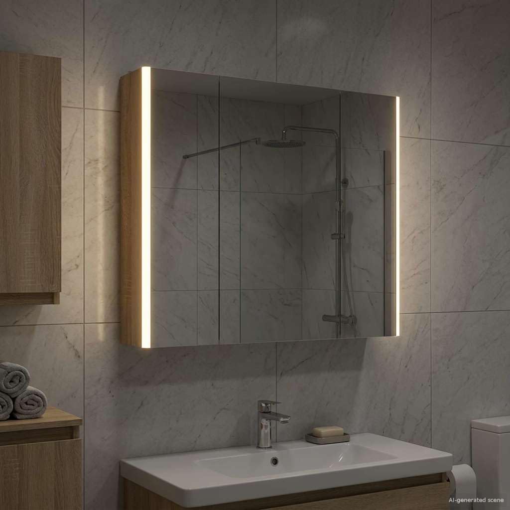 Armario de baño con espejo de roble Sonoma de madera de 83,5 x 15,5 x 70 cm con iluminación LED, estantes ajustables, montaje en pared y espejo a ambos lados para baño moderno e inodoro de