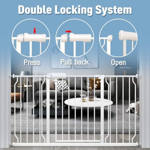 Image of ALLAIBB Extra Wide Pressure Mounted Baby Gate Walk Through Child Kids Safety Toddler Tension White Long Large Pet Dog Gates with Extension for doorways Kitchen (24.02-29.13 /61-74cm, White)