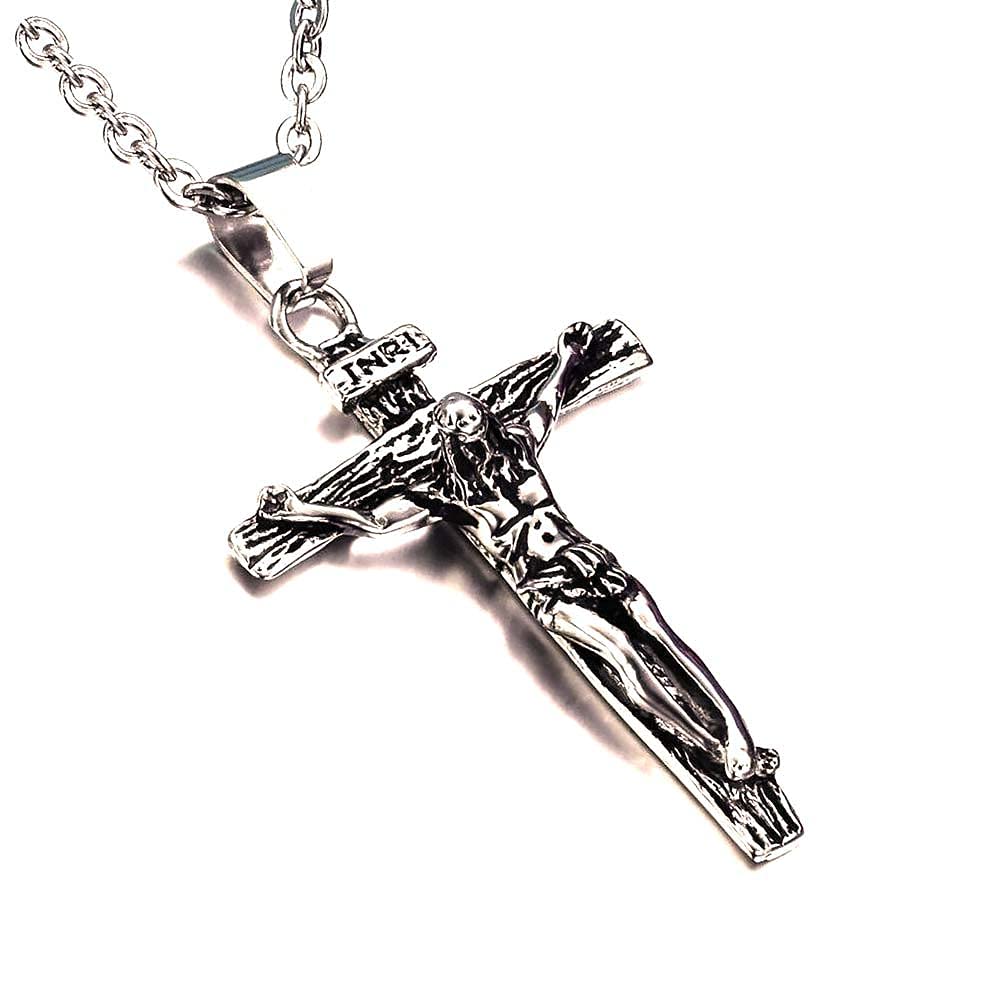 Stainless Steel Antique Cross Pendant Jesus Necklace for Unisex Adult (Silver)-image-39