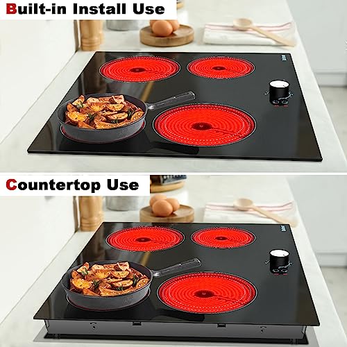 Image of Karinear 24 Inch Electric Cooktop 4 Burners Electric Stove Top, 220-240v Built-in Electric Ceramic Cooktop with Knob Control,9 Power Levels, Black Glass,No Plug