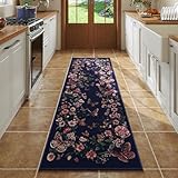 Rugcomf Runner Rug for Kitchen Rug Non Slip 2'6''x8' Rugs with Rubber Backing Soft Floral Butterfly Carpet for Kitchen Laundry Bedroom Bathroom, Night Blue