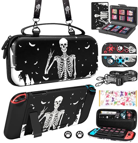 9in1 Skull Skeleton Switch Case for Nintendo Switch Carrying Cases & Storage Accessories Bundle Kit Thumb Grips+Game Holder+Dockable Skin+Shoulder Strap+Sticker for Switch Travel Pouch Bag