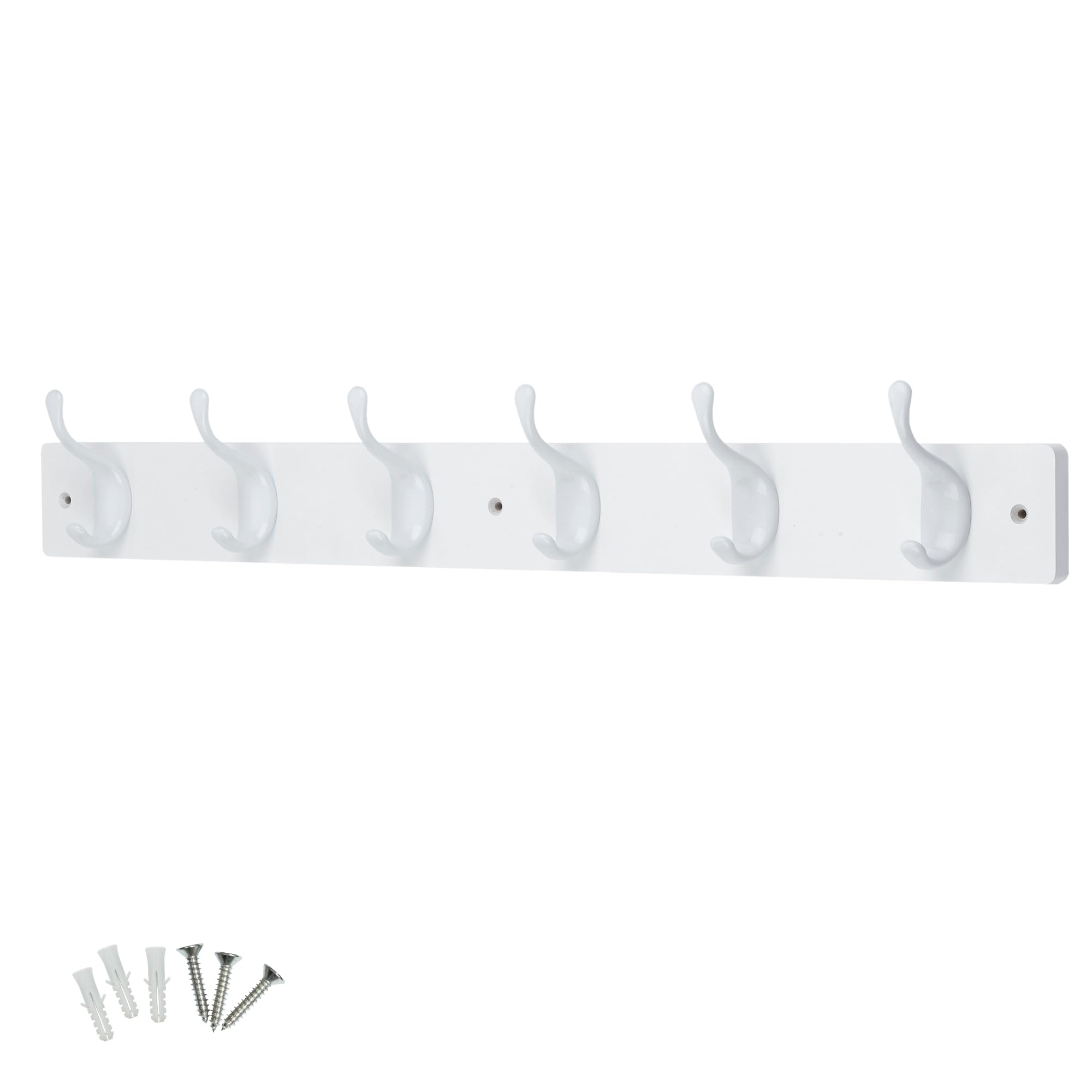 Keypak White / White Modern Wall Mounted Coat Rack, 6 Gloss Hooks On 68Cm Wood Base, Pre-Assembled & Fixings Included