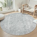 LIVEBOX Vintage Round Rug - Washable 5 Foot Large Oriental Circle Grey Rug for Living Room, Non-Slip Soft Carpet Low Pile Entryway Circular Rugs for Foyer Kitchen Kids Room