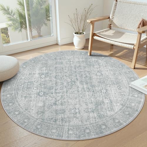 LIVEBOX Vintage Round Rug - Washable 5 Foot Large Oriental Circle Grey Rug for Living Room, Non-Slip Soft Carpet Low Pile Entryway Circular Rugs for Foyer Kitchen Kids Room
