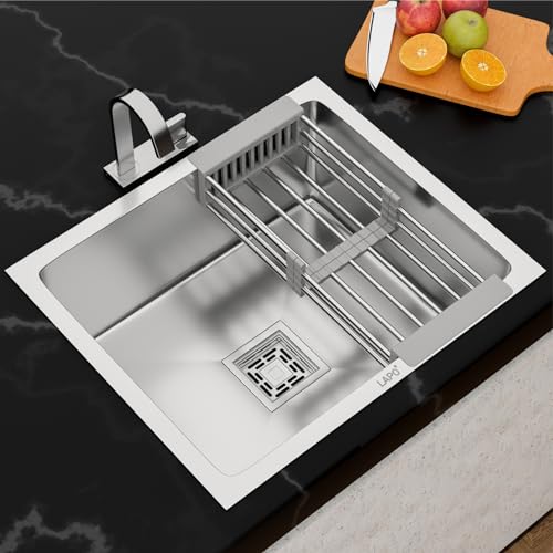 Image of LAPO Kitchen Sink Built in Stainless Steel | 21x18x9 Inch Single Bowl Design with Pre-Cut Tap Hole | UV Resistant Surface | Includes Drain Assembly, Pipe & Strainer | 20 Years Warranty (Silver Matt)