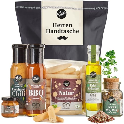 Gepp’s Feinkost Herrenhandtasche I Lustiges Männergeschenk gefüllt mit Delikatessen wie Knoblauch-Chili-Sauce, Edelkräuter-Olivenöl, Texas BBQ Rub I...