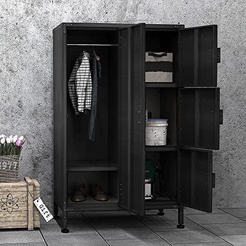 PIAOMTIEE 4 Door Metal Cabinet, Lockable Black Storage Cabinet Locker with Doors and Shelves for Home, Office, Dorm, Vented Freestanding Cabinet Industrial Style w Adjustable Feet, 4 Locks