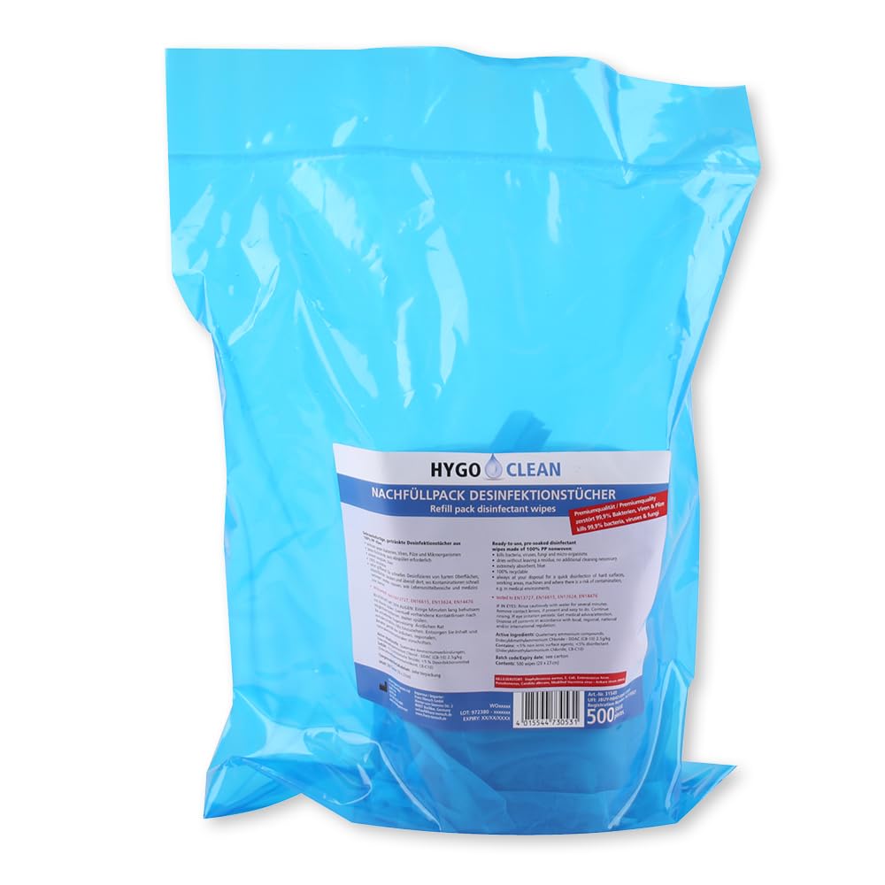1500 Stück Hygoclean Desinfektionstücher alkoholfrei | PP, 500 Stück, blau, L: 20cm, B: 23cm, Nachfüllpack, Karton, Desinfektionstuch, Reinigungstücher, Handreiniger