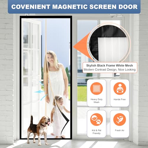 Image of METAONLY Magnetic Screen Door Mesh, Works for Patio, Sliding Door, Keeps Bug Mosquito Out, Fresh Air Flow, Fits 31 inch x 81 inch Door - Curtain Size 33 inch x 83 inch, Black Frame White Veil