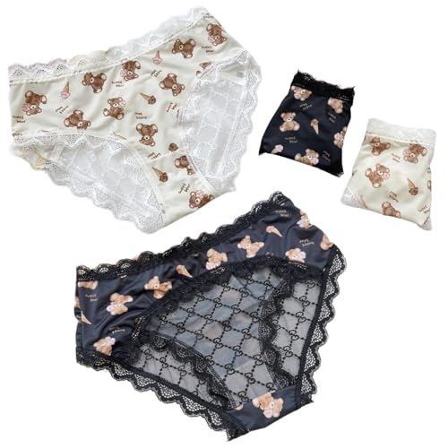 Cute Bear-printed Panties for Teen Girls Age 14-18,Lace Frilly Trim Underwear,Mid Rise Waist,Cotton Crotch,2 Pack