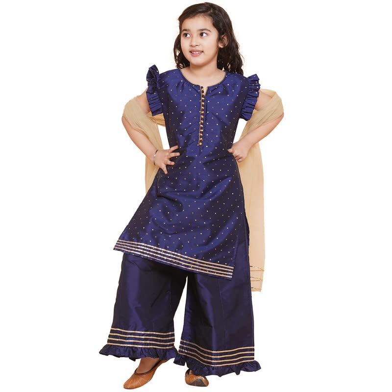 Image of Modish Couture Kid's Girl Stylish Fashionable Printed Kurta & Palazzo Set with Dupatta for Party, Birthday, Diwali, Festival, Puja Occasion (Navy Blue,) -MDCT036