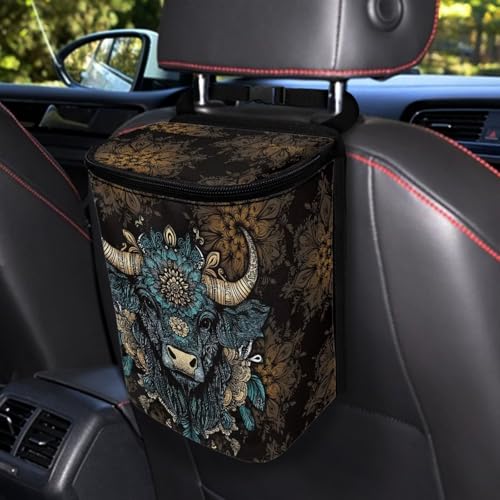 Image of Talayituse Highland Cattle Flower Print Car Trash Bin, Large Size Auto Trash Can Adjustable Portable Garbage Can with Lid, Vehicle Hanging Bag for Headrest Front Back Seat