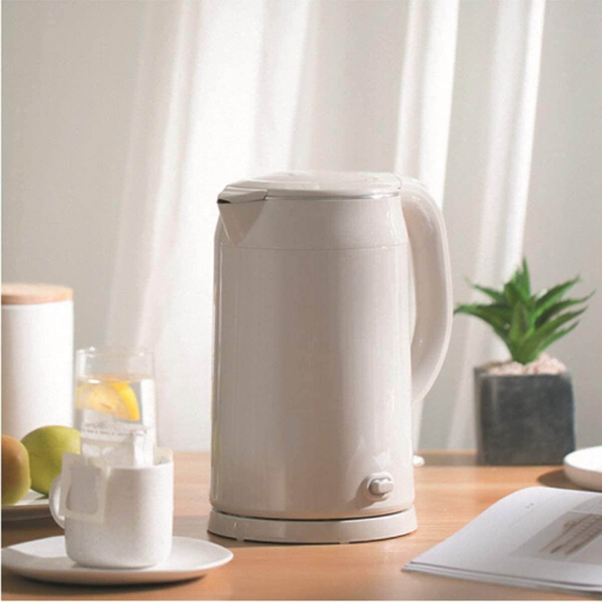 Hervidor eléctrico, Hervidor de agua acero inoxidable doble capa, 1,7 l, color beige, fácil usar, con luz indicadora