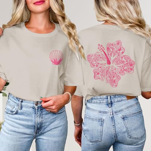 Image of Hawaiian T Shirts for Women Oversized Aesthetic Hibiscus Flower Beach Shirt Teens Preppy Tropical Graphic Tee Tops