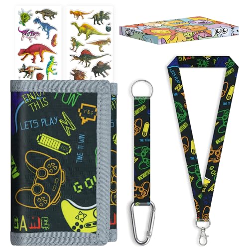 JONYEE Carteira Infantil Dobrável com Cordão, Bolso para Moedas com Zíper, Adesivos 3D, Porta-Cartões, Preta, para Crianças Meninos e Meninas de 5 a 16 Anos