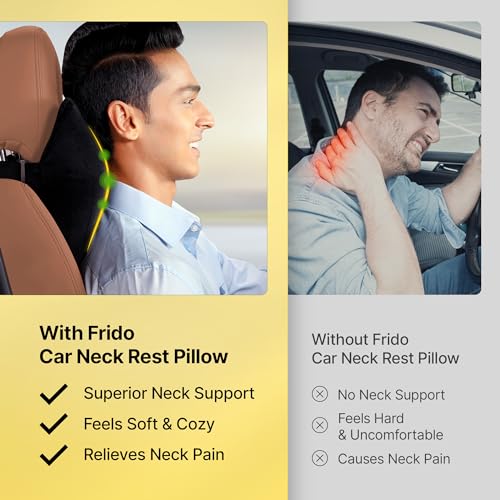 Image of Frido Ultimate Car Neck Rest Pillow | Ultrasoft Pillow for Comfortable Car Rides | Superior Neck Support | Neck Pain Relief | Hi-Per Foam Head Rest Pillow with Washable Velvet Cover | Black | Set of 2