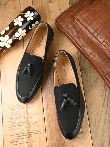 Image of San Frissco Men's Loafers Casual Slip On Leatherette Tassle Velvet Shoes for Daily Use /Soft Cushioned Footbed with TPR Sole /Stylish Trending Lightweight Shoe for Party and Weddings