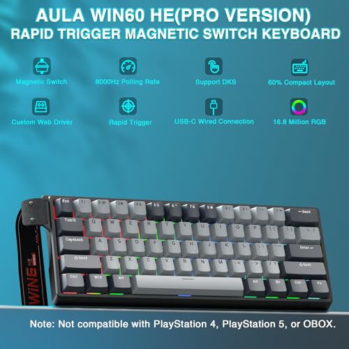 Image of AULA WIN60 HE PRO 60% Mechanical Gaming Keyboard Wired, Magnetic Switch Hot Swappable, Adjustable Actuation Rapid Trigger Mode, 8000Hz Polling Rate, RGB Small Keyboard 60 Percent Compact Design for PC