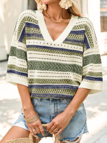 Image of Saodimallsu Womens Short Sleeve Sweaters V Neck Crochet Knit Striped Hollow Out Tops Beach Cruise Outfits