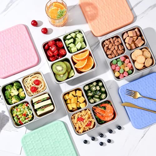 Image of 4 Pack Stainless Steel Snack Containers with Silicone Lids, Leakproof Bento Snack Boxes, Reusable 4 Compartment Metal Lunch Containers, Dishwasher Safe Food Storage for Meal Prep, Work & Travel