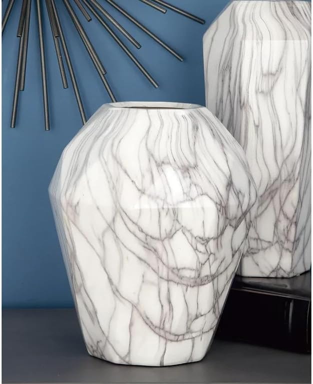 Marble-Like Ceramic Vase. (White Faux Marble Abstract Bud 10"" x 10"" x 12""), ZQ-58