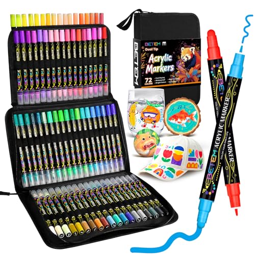 Betem 72 Colors Dual Tip Acrylic Paint Markers Fabric Decorating Kits Premium Water-Based Acrylic Paint Pens Art Supplies for Fabric Rock Wood Glass Canvas Ceramic Teacher Appreciation Gift