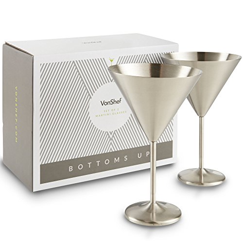 VonShef Large Martini Cocktail Glasses Set, Silver Brushed Stainless Steel, Set of 2