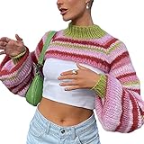 Women Y2k Crochet Knit Shrug Sweater Long Sleeve Hollow Patchwork Crop Top Loose Cropped Pullover Top (Turtleneck Pink,Large)