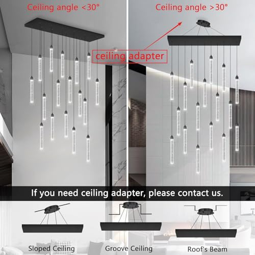 Image of Rectangular Chandeliers 17-Lights Long Light for Entryway LED Dimmable Chandeliers Lighting Fixture Flat Sloped High Ceiling Pendant Lights Crystal for Living Room Foyer Hallway Staircase Black