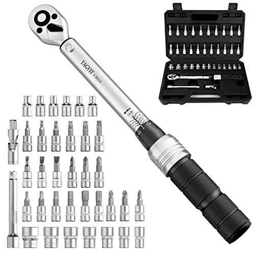 TAGVIT 1/4 Inch Drive Click Torque Wrench Set, 37 Pcs Bike Torque Wrench Set Dual Direction Adjustable Torque Wrench Set with Storage Case for MTB Road Mountain Bikes (4-20 ft.-lb./5.4-27.2 Nm)