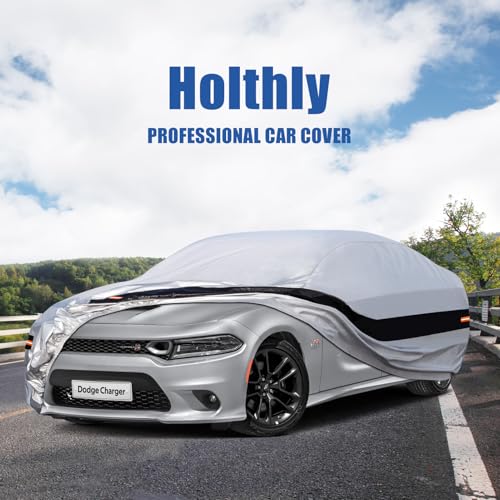 Image of Holhtly Car Cover Custom Fit for Dodge Charger, Car Covers for Automobiles All Weather Waterproof Sun Snow Rain Wind Dust Protection, Outdoor Car Cover Gray & Black