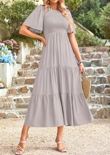 Image of KIRUNDO Summer Dresses for Women 2026 Spring Casual Flutter Short Sleeve Wedding Guest Smocked Flowy Tiered Aline Midi Dress