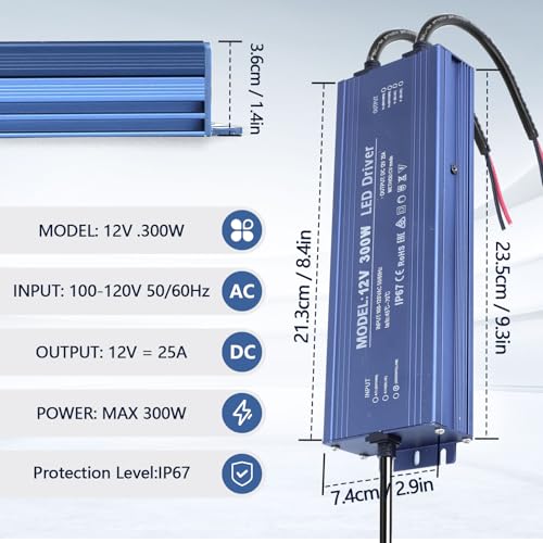 Image of Waterproof IP67 LED Driver 12V 300W Ultra Slim LED Power Supply 110V AC to 12V DC 25A 300 Watt Quiet Low Volt Converter LEDs Transformer Constant Voltage for LEDs Strip, Indoor & Outdoor