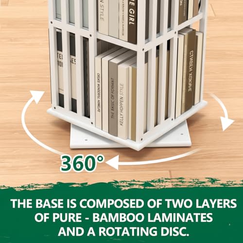 Image of Lauxery 6 Tier Bamboo Rotating Bookshelf Tower, Revolving Bookcase, White | 1200 lbs capacity, small footprint, 360 degree rotation, dual shelf heights, holds books and DVDs, for living room, bedroom
