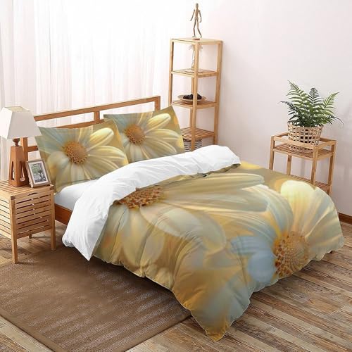 Housse de couette fleurs blanches imprimé 3D 200x200 microfibre lit double avec fermeture éclair