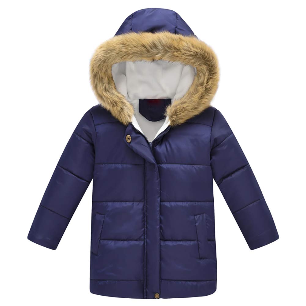 IDOPIP Toddler Kids Baby Girl Boy Floral Butterfly Print Snowsuit Winter Warm Fur Collar Hooded Down Coat Windproof Jacket Outerwear Clothes Navy Blue Solid 2-3 Years