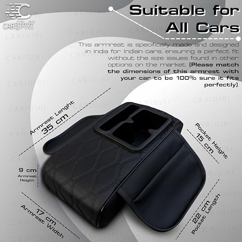 Image of Carigiri Nappa Leatherette,Foam ComfiRest Pro Car Armrest Cushion with Cup Holder| Arm Cushion| Universal for All Cars|Armrest with Mobile Holder (Black,Utility Pockets,Dual Cup Holder,Mobile Holder)