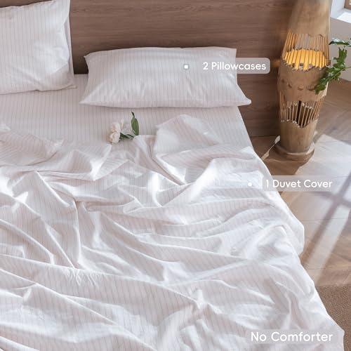 Image of MooMee Striped Duvet Cover Set 100% Washed Cotton Linen Like King | Relaxed Linen-like Texture. Soft, Breathable & Long-lasting Comfort. Lightweight. Hidden Zipper with 8 Interior Corner Ties