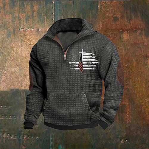 Mens Corduroy Sweater with Elbow Patches American Flag Printed Shirts Long Sleeve Turtleneck 1/4 Button Up Pullover2