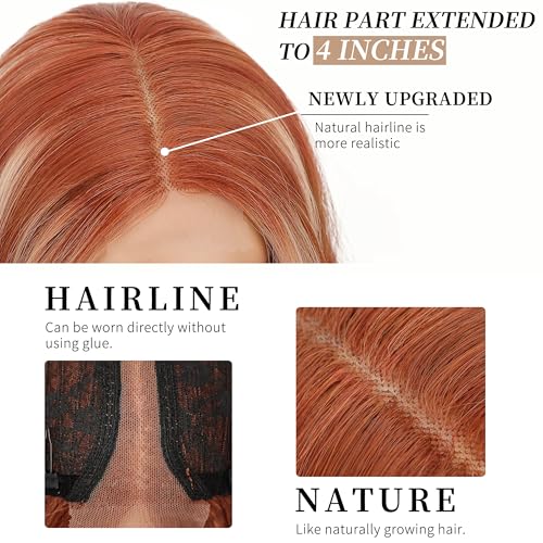 Image of AISI HAIR Ginger Mixed Blonde Wig for Women, Long Wavy Lace Hairline Middle Part Synthetic Wig for Daily Party-26 Inch