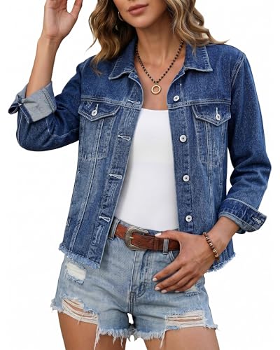 Image of luvamia Denim Jacket for Women Distressed Jean Jackets Button Up Vintage Western Trucker Jacket Frayed Hem Pockets