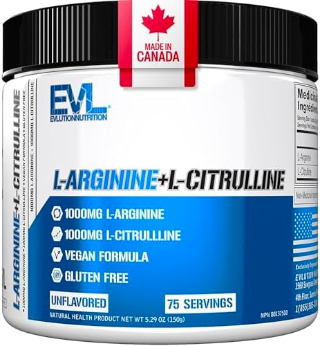 L-Arginine & L Citrulline Powder | 2000mg | Nitric Oxide & Workout Support | 1000mg L-Citrulline + 1000mg L Arginine Supplement | Unflavored, Vegan & Gluten-Free | Made in Canada | 75 Servings