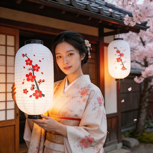 Image of Traditional Japanese Style White Silk Cherry Blossom Lantern 10 x 18 Inch, ZUEXT Set of 6 Waterproof Indoor Outdoor Festival Theme Birthday Party Wedding Home Yard Lanterns Japanese Eateries Decor
