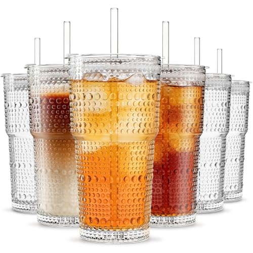 Image of INSETLAN 20oz Hobnail Glass Cups with Lids and Glass Straws - 6 Pieces, Thick-Walled Glass Tumblers for Iced Coffee, Smoothies, Milk, Water, Juice, and More - Elegant and Durable Drinking Glasses