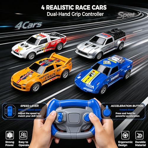 Image of Electric Slot Car Race Track Sets with 4 High-Speed Racing Slot Cars Dual Racing Game with 2 Controllers Circular Overpass Track Featuring Flash Bridge Pendulum Gifts Toys for Boys Kids Age 6 7 8-12