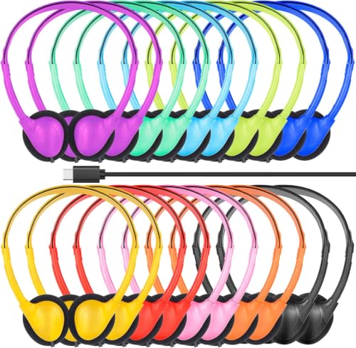 Image of USB C Headphones Bulk 50 Pack for Classrrom Kids School Wired | On Ear USB Type C Bulk Headphones for Kids Children Teens Students Library Museum Travel Laptop Pad PC Phone Mixed Colors