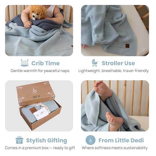 Image of Organic Cotton Baby Blanket 30x40 in, Baby Blue - GOTS Certified, Soft Knit Swaddle with Gift Box, Breathable Nursery Blanket for Crib & Stroller, Machine Washable