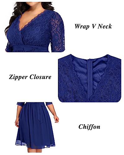Image of Pinup Fashion Plus Size Lace Chiffon Wrap V Neck Dresses Women Cocktail Wedding Guest Midi Dress